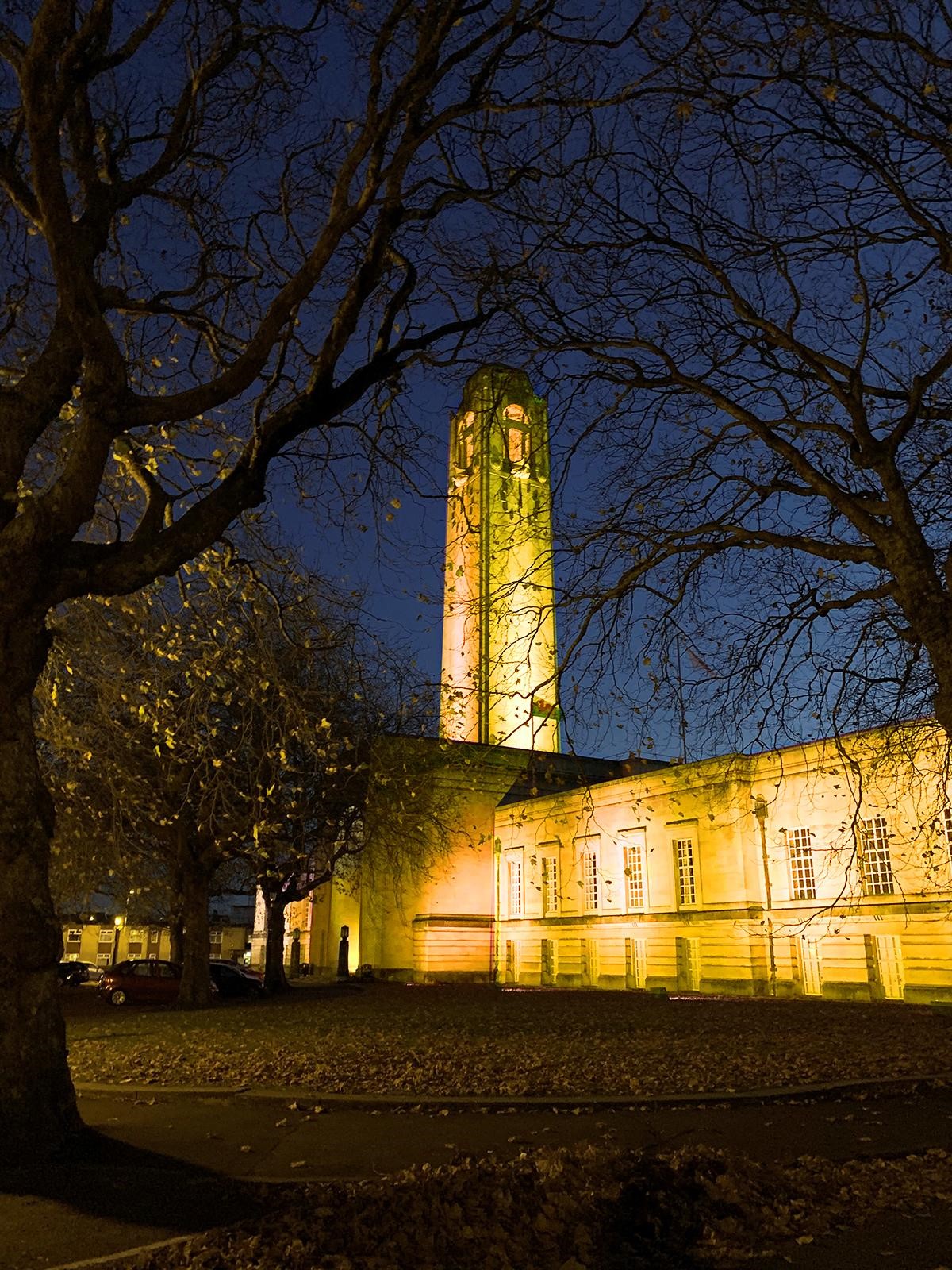 Swansea Town Hall lit up for st john's day